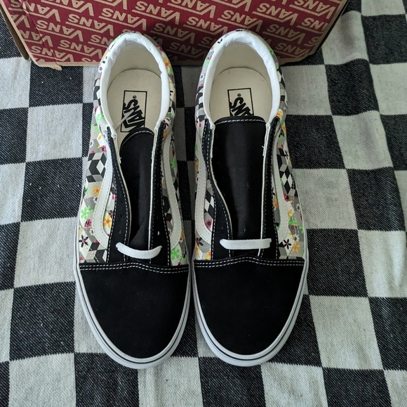 Vans Old Skool Classic Men 11.5 Checker Cube Geo Floral Black and White 2020 - Picture 2 of 10